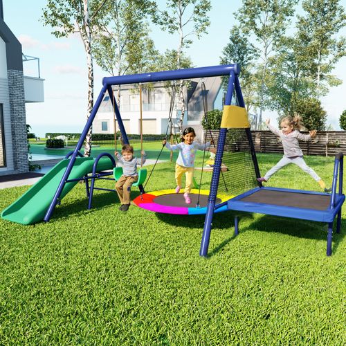 Set De Balançoire Extérieur Multifonction En Plastique Avec Toboggan, Trampoline, Nid