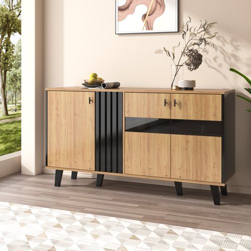 Buffet Bois Mdf 140x78,5x41 Cm Avec LED Et Vitrine, Design Bicolore, Bois Et Noir