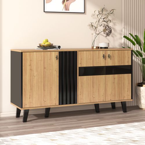 Buffet Bois Mdf 140x78,5x41 Cm Avec LED Et Vitrine, Design Bicolore, Bois Et Noir