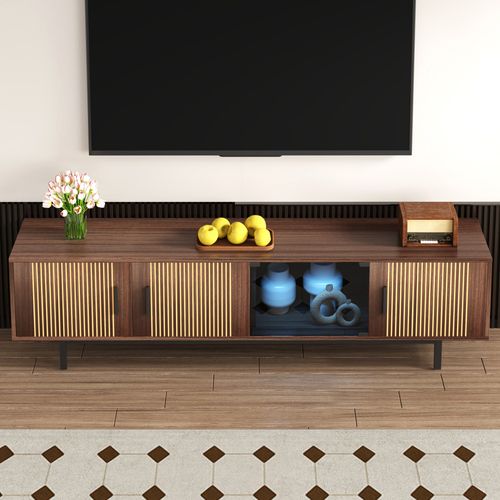 Meuble TV Mdf Texture Sculptée Avec LED Et Porte En Verre, Blanc