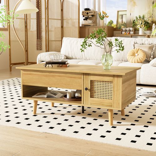Table Basse Élégante Avec Plateau Relevable Et Portes En Rotin, Bois Et Noir, Avec Rangement
