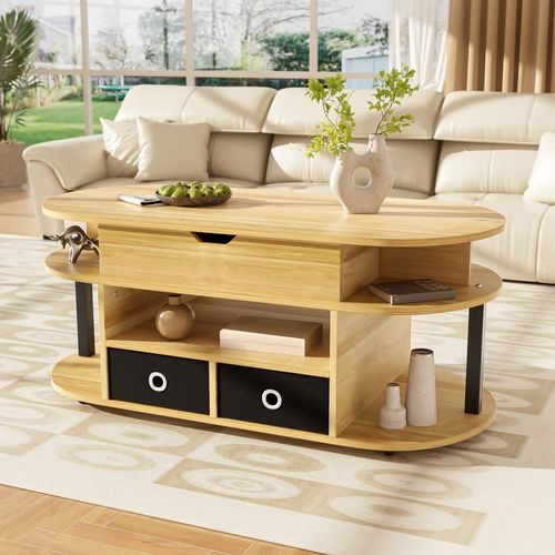 Table Basse Moderne En Bois Avec Plateau Relevable, Tiroirs Tissu Noir, Pour Salon Ou Bureau