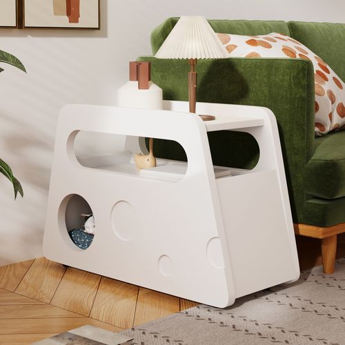 Table D'appoint En Bois, Design Moderne, Mobile Et Gain De Place, Blanc