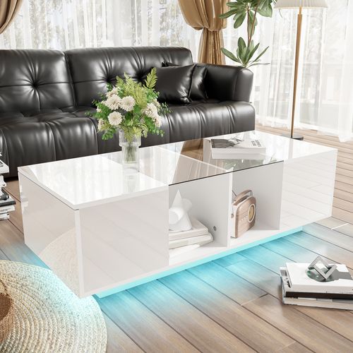 Table Basse Blanche Moderne LED, Plateau Brillant, 120×50×38,5 cm, Déco Salon Élégante