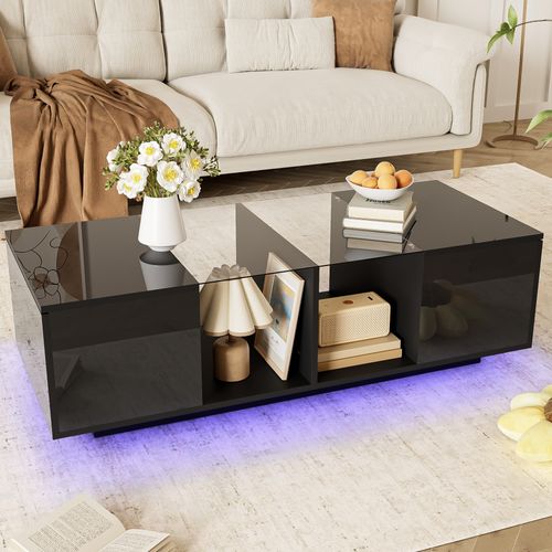 Table Basse Noire Moderne LED, Plateau Brillant, 120×50×38,5 cm, Ambiance Design Salon
