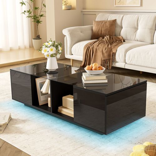 Table Basse Noire Moderne LED, Plateau Brillant, 120×50×38,5 cm, Ambiance Design Salon
