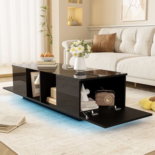 Table Basse Noire Moderne LED, Plateau Brillant, 120×50×38,5 cm, Ambiance Design Salon