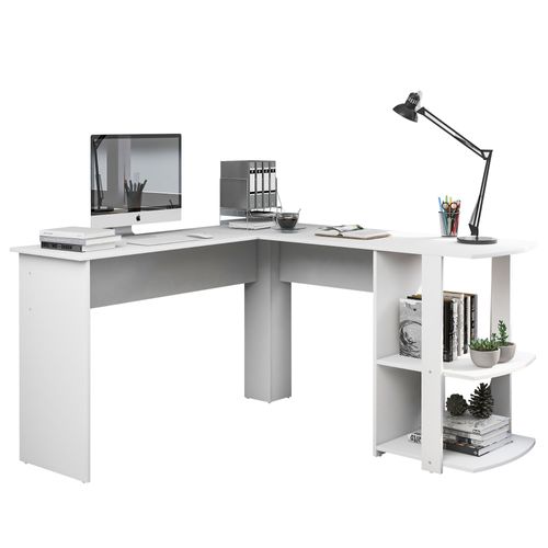 Bureau D'angle L En Mdf 140 Cm Avec 2 Étagères, Blanc