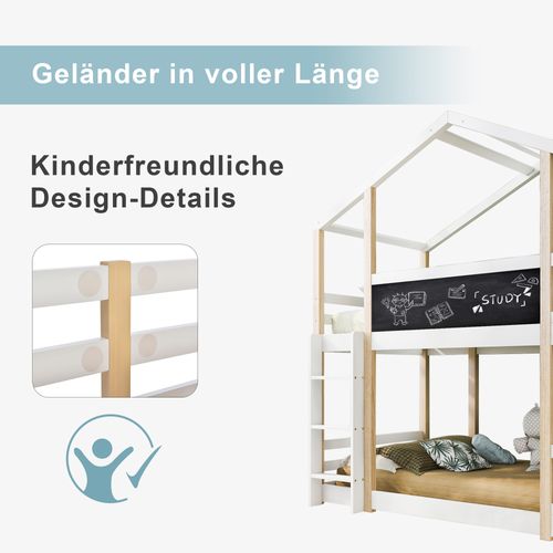 Lit Cabane 90x200 Cm Avec Toboggan Et Échelle 2 Sommiers Pin Naturel Et Blanc