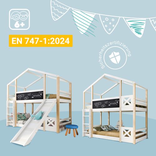 Lit Cabane 90x200 Cm Avec Toboggan Et Échelle 2 Sommiers Pin Naturel Et Blanc