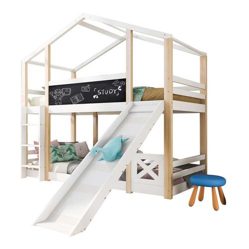 Lit Cabane 90x200 Cm Avec Toboggan Et Échelle 2 Sommiers Pin Naturel Et Blanc