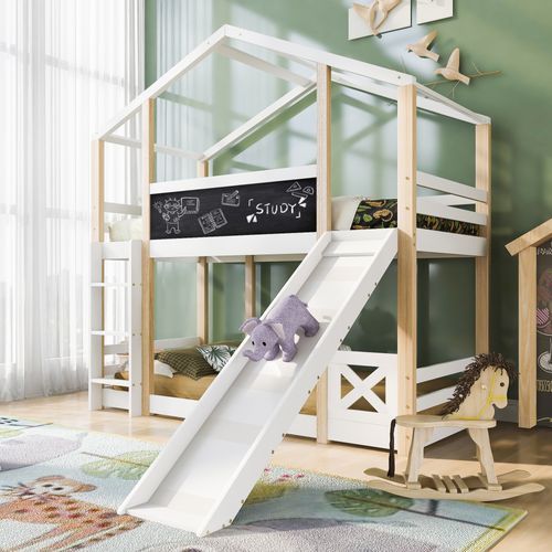 Lit Cabane 90x200 Cm Avec Toboggan Et Échelle 2 Sommiers Pin Naturel Et Blanc