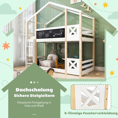 Lit Cabane 90x200 Cm Avec Échelle 2 Sommiers Pin Naturel Et Blanc