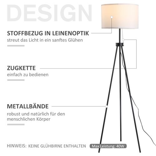 Lampadaire Moderne E27, Acier Et Polyester, Éclairage Élégant Pour Salon Et Chambre, Noir Et Blanc