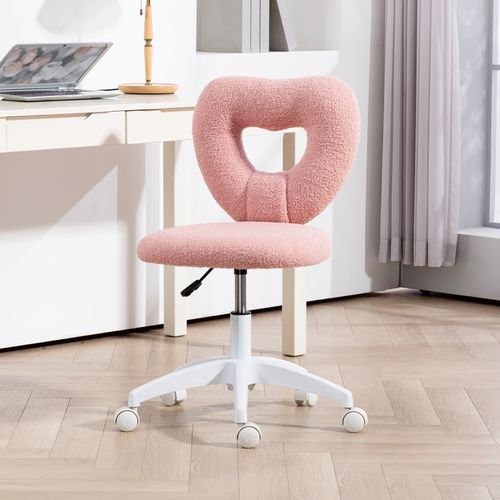 Chaise De Bureau Sans Accoudoirs, Dossier Cœur, Hauteur Réglable, Tissu Peluche, Rose