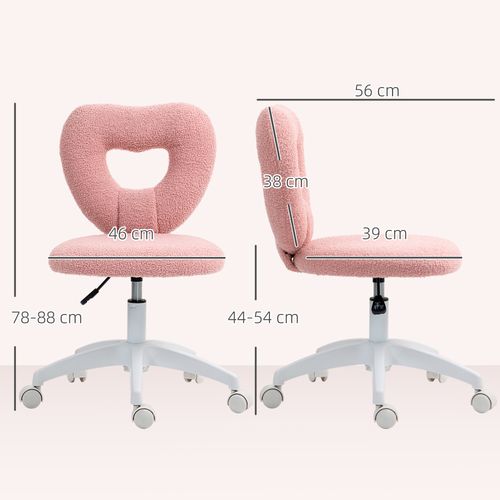 Chaise De Bureau Sans Accoudoirs, Dossier Cœur, Hauteur Réglable, Tissu Peluche, Rose