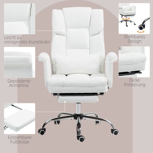 Chaise De Bureau En Simili Cuir, Inclinable, Avec Repose-pieds Et Coussin Lombaire, Blanche