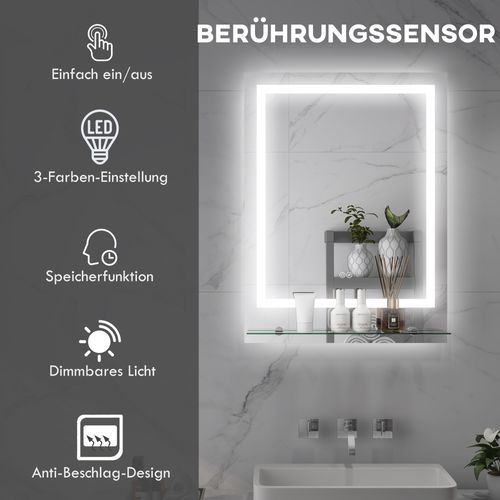 Miroir De Salle De Bain Avec Éclairage, 70 X 50 Cm, 3 Couleurs De Lumière, Ip44, Anti-buée