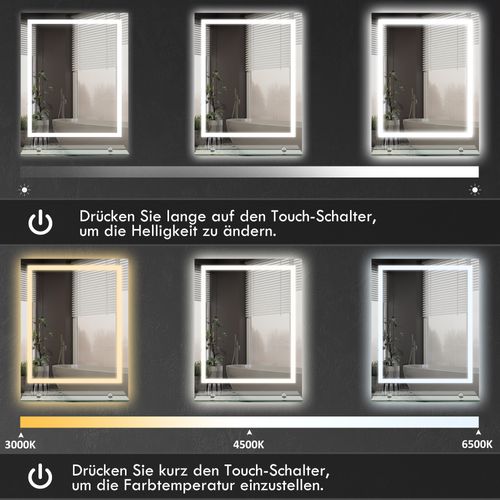 Miroir De Salle De Bain Avec Éclairage, 70 X 50 Cm, 3 Couleurs De Lumière, Ip44, Anti-buée