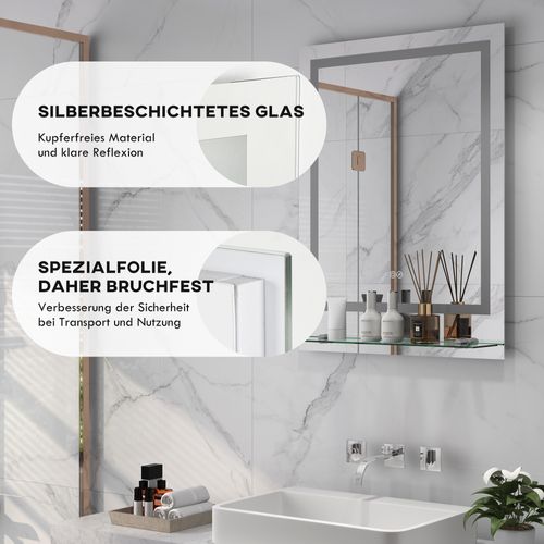 Miroir De Salle De Bain Avec Éclairage, 70 X 50 Cm, 3 Couleurs De Lumière, Ip44, Anti-buée