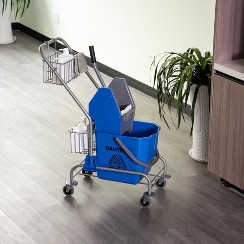 Chariot De Nettoyage Professionnel Avec Seau De 26 L Et Panier De Rangement, Bleu 73l X 45l X 95h Cm