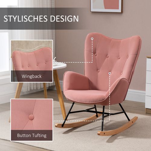 Fauteuil à Bascule Rembourré Polyester Effet Velours Cadre Acier Bois D’hévéa 84×70×96cm, Rose