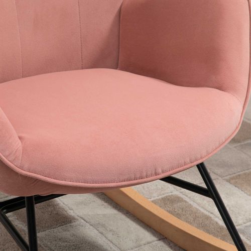 Fauteuil à Bascule Rembourré Polyester Effet Velours Cadre Acier Bois D’hévéa 84×70×96cm, Rose