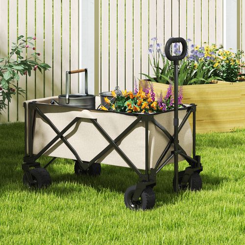 Chariot De Jardin Acier Et Tissu 138l Pliable Avec Bâche Amovible, Poignées Et Roues,beige