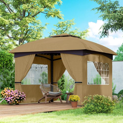 Pavillon 3,4x3,4m, Imperméable, Avec 4 Côtés, Toit Double, Structure Métallique, ,beige