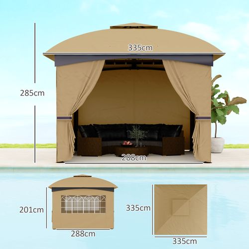 Pavillon 3,4x3,4m, Imperméable, Avec 4 Côtés, Toit Double, Structure Métallique, ,beige