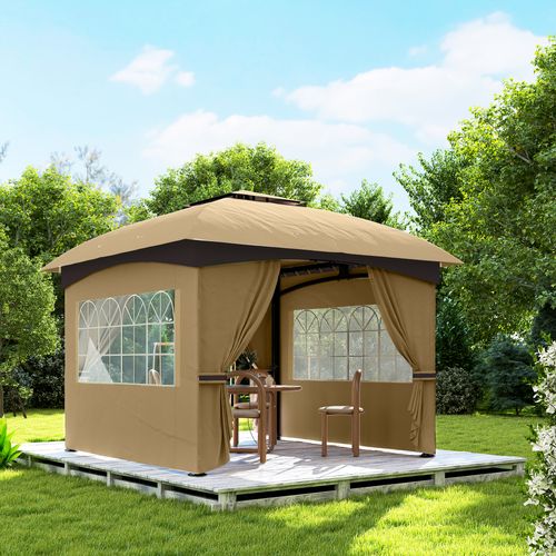 Pavillon 3,4x3,4m, Imperméable, Avec 4 Côtés, Toit Double, Structure Métallique, ,beige
