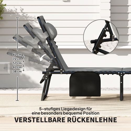 Chaise Longue Pliable En Textile, Coussin, Dossier Réglable 5 Positions, Gris Foncé