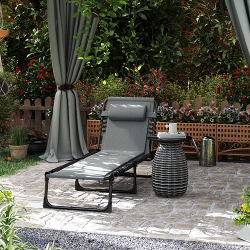 Chaise Longue Pliable En Textile, Coussin, Dossier Réglable 5 Positions, Gris Foncé