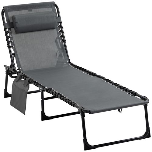 Chaise Longue Pliable En Jardin Avec Coussin Et Poche Latérale, 5 Positions, Gris