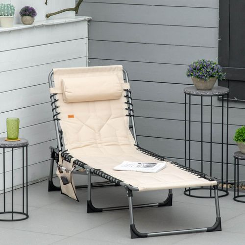 Chaise Longue Pliable En Tissu Imperméable, Avec Coussin Et Poche Latérale, Beige