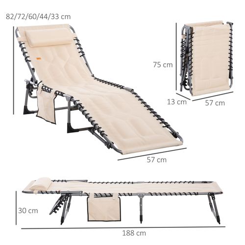 Chaise Longue Pliable En Tissu Imperméable, Avec Coussin Et Poche Latérale, Beige