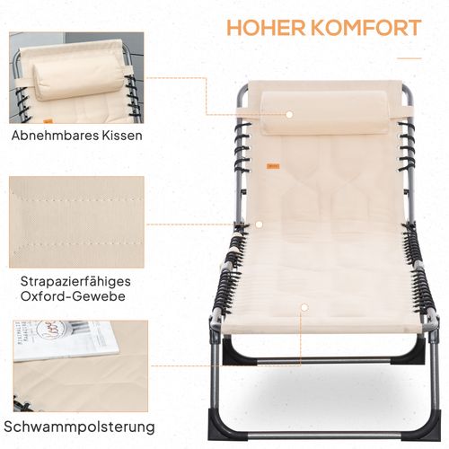 Chaise Longue Pliable En Tissu Imperméable, Avec Coussin Et Poche Latérale, Beige