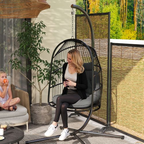 Fauteuil Suspendu En Polyrattan Avec Coussin Et Support, Pliable, Gris Foncé