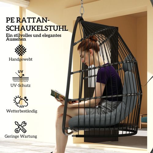 Fauteuil Suspendu En Polyrattan Avec Coussin Et Support, Pliable, Gris Foncé