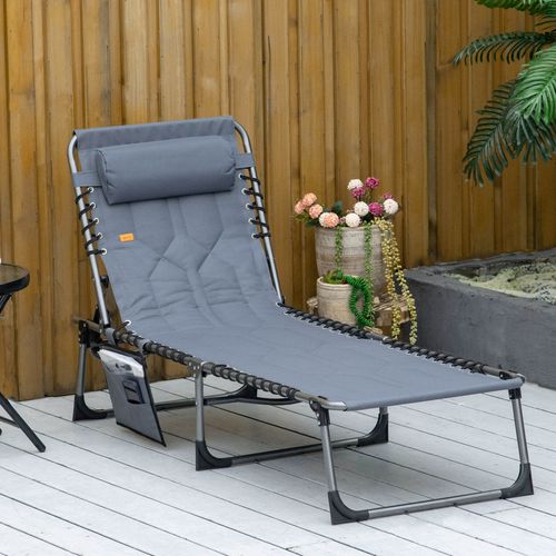 Chaise Longue Pliante En Acier, Coussin, Poche Latérale, Inclinaison 5 Positions, Gris