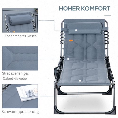 Chaise Longue Pliante En Acier, Coussin, Poche Latérale, Inclinaison 5 Positions, Gris