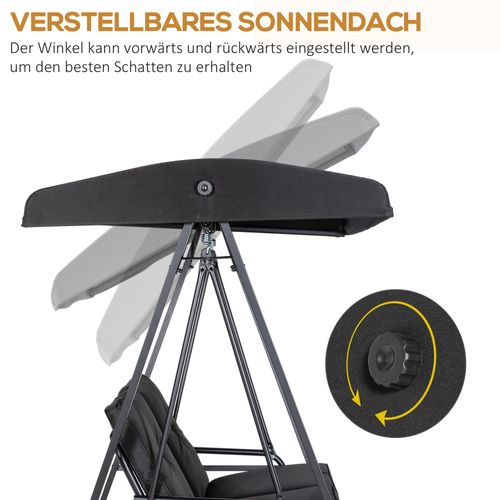 Balançoire De Jardin 2 Places En Métal Avec Toit Réglable, Coussins, Noir 145 X 116 X 172 Cm