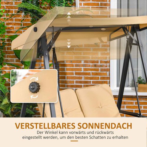 Banc Swing 3 Places Métal Avec Toit Réglable, Capacité 220 Kg, Beige