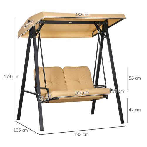 Banc Swing 3 Places Métal Avec Toit Réglable, Capacité 220 Kg, Beige