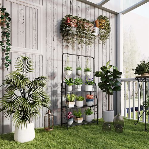 Étagère à Plantes 3 Niveaux 137 Cm Avec Barre Et Crochets, En Métal, Pour Balcon, Noir