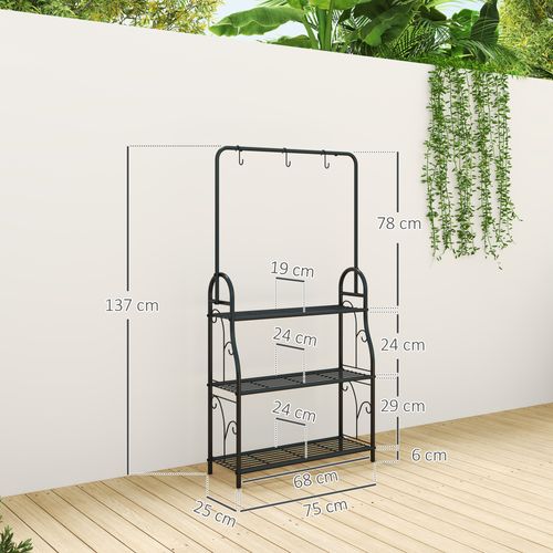 Étagère à Plantes 3 Niveaux 137 Cm Avec Barre Et Crochets, En Métal, Pour Balcon, Noir