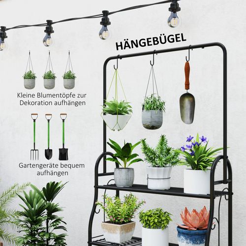 Étagère à Plantes 3 Niveaux 137 Cm Avec Barre Et Crochets, En Métal, Pour Balcon, Noir