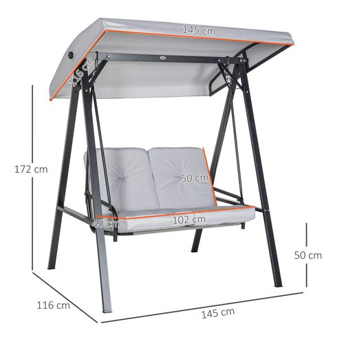 Banc De Jardin 2 Places Métal Avec Toit Réglable, Coussins, Charge 220 Kg, Gris