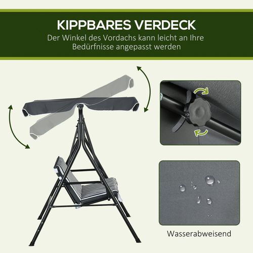 Balancelle 3 Places En Acier Avec Coussin Et Toit Réglable, 240 Kg Max, Gris/blanc