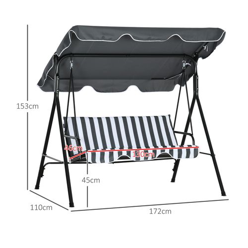 Balancelle 3 Places En Acier Avec Coussin Et Toit Réglable, 240 Kg Max, Gris/blanc